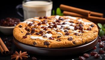 AI generated Homemade gourmet dessert Freshly baked chocolate oatmeal cookie with berries generated by AI photo