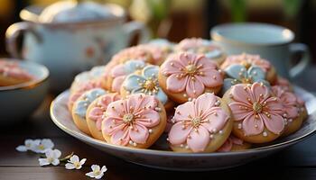 AI generated Homemade dessert gourmet cookie with pink icing and flower decoration generated by AI photo