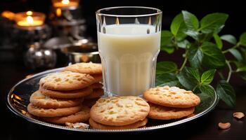 ai generado recién horneado chocolate chip galletas en un rústico de madera mesa generado por ai foto