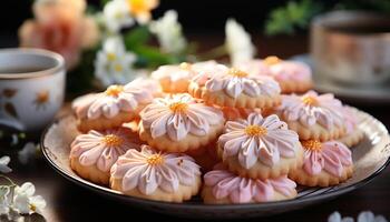 ai generado hecho en casa gastrónomo postre Fresco horneado macarrón con vistoso decoración generado por ai foto