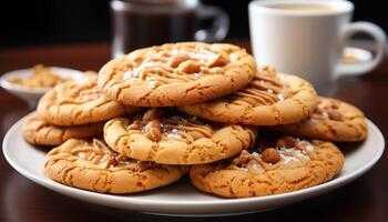 AI generated Stack of homemade chocolate chip cookies on rustic wooden table generated by AI photo