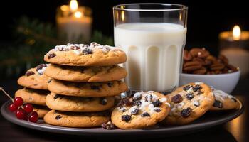 AI generated A stack of homemade chocolate chip cookies on a wooden table generated by AI photo