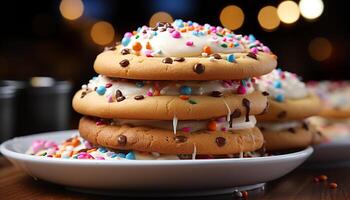 AI generated Homemade chocolate cookies stacked on wooden table, perfect for celebration generated by AI photo