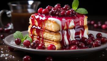 AI generated Homemade gourmet dessert Fresh berry cheesecake on a wooden plate generated by AI photo