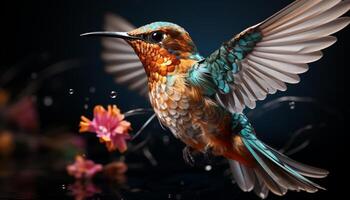 AI generated Hummingbird perching on branch, spreading wings, vibrant colors in nature generated by AI photo