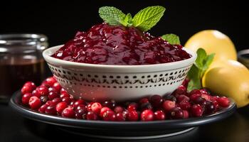 AI generated Freshness and sweetness in a bowl of gourmet berry dessert generated by AI photo