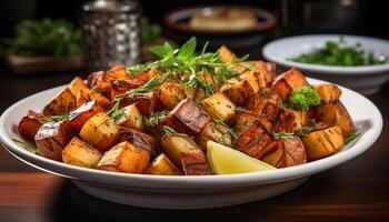 ai generado Fresco A la parrilla vegetales en un de madera lámina, sano y delicioso generado por ai foto