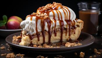 AI generated Freshly baked gourmet dessert on a wooden table, indulgent and sweet generated by AI photo