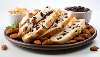AI generated Gourmet dessert almond, chocolate, walnut, and hazelnut on plate generated by AI photo