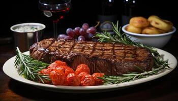 ai generado A la parrilla bife, jugoso y licitación, Listo a comer en un plato generado por ai foto