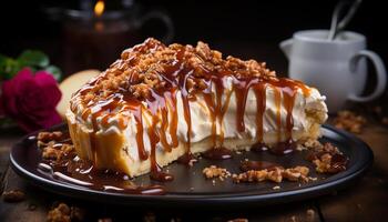 AI generated Freshly baked homemade sweet pie with chocolate icing and whipped cream generated by AI photo