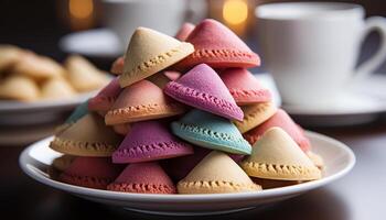 ai generado un plato de hecho en casa galletas, apilado alto, con vistoso decoraciones generado por ai foto