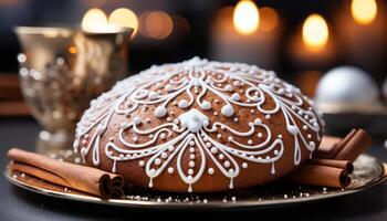 AI generated Homemade dessert on ornate plate, candlelight adds warmth and decoration generated by AI photo