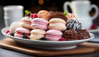 AI generated Gourmet dessert macaroon, chocolate, raspberry, strawberry, cream, almond, meringue generated by AI photo