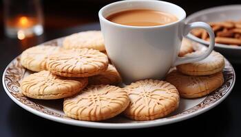 AI generated Homemade chocolate chip cookie and hot drink on wooden table generated by AI photo