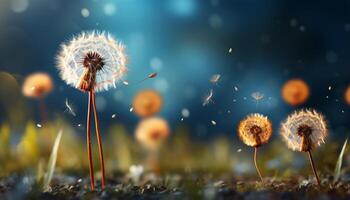 AI generated Fluffy dandelion seed blowing in the wind, nature delicate beauty generated by AI photo