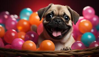 AI generated A cute puppy sitting in a basket with colorful balloons generated by AI photo