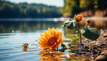 AI generated The vibrant sunflower blossoms in the tranquil pond reflection generated by AI photo