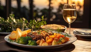 ai generado gastrónomo comida A la parrilla carne, Fresco verduras, vino, y celebracion generado por ai foto