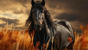 AI generated Majestic stallion grazes in tranquil meadow under golden sunset generated by AI photo