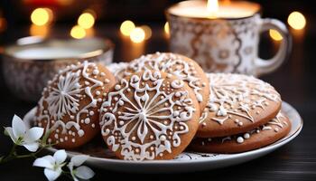 ai generado hecho en casa postre dulce Galleta con chocolate Formación de hielo en de madera mesa generado por ai foto