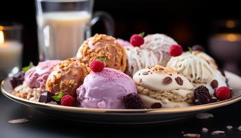 ai generado indulgente gastrónomo postre Fresco frambuesa hielo crema con chocolate generado por ai foto