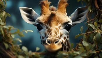 AI generated Giraffe in the wild, looking cute, surrounded by green grass generated by AI photo