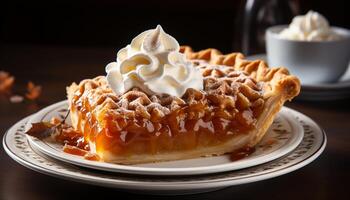 AI generated Freshly baked sweet pie on a wooden plate, indulgent dessert generated by AI photo