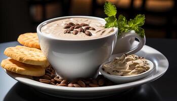 AI generated Fresh coffee, creamy dessert, hot drink, healthy eating, whipped cream generated by AI photo