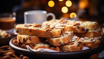 ai generado hecho en casa chocolate chip Galleta en rústico madera mesa, indulgente deleite generado por ai foto