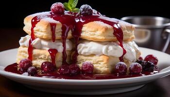 AI generated Homemade pancake stack with whipped cream, berries, and syrup generated by AI photo
