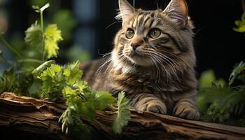 AI generated Cute kitten sitting in grass, staring at camera with curiosity generated by AI photo