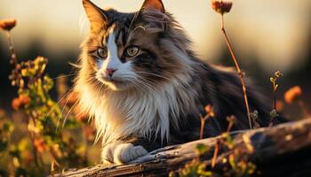 AI generated Cute kitten sitting in grass, looking at camera with curiosity generated by AI photo