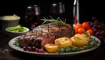 ai generado A la parrilla bife, cocido a perfección, servido con Fresco vegetales generado por ai foto