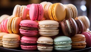 AI generated A stack of colorful macaroons on a pink background generated by AI photo
