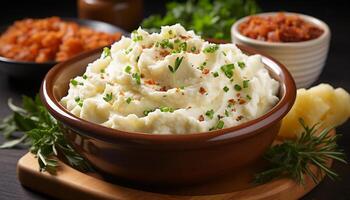 AI generated Freshness and gourmet in a homemade vegetarian meal on wood generated by AI photo