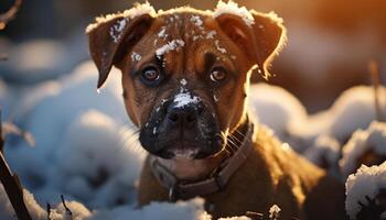 AI generated Cute puppy sitting outdoors, enjoying winter frosty beauty generated by AI photo