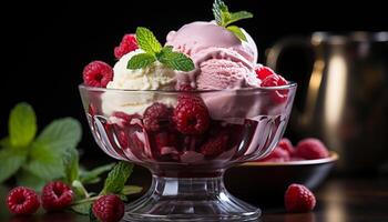 AI generated Fresh gourmet dessert raspberry ice cream with mint leaf garnish generated by AI photo