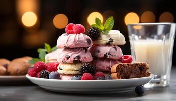 AI generated Homemade gourmet dessert fresh berry ice cream on wooden table generated by AI photo