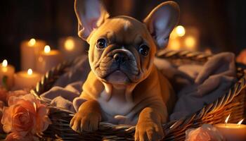 AI generated Cute French bulldog puppy sitting, looking playful indoors, surrounded by gifts generated by AI photo
