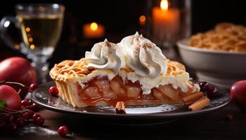 ai generado recién horneado postre en de madera mesa, indulgencia para dulce diente generado por ai foto