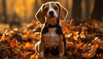 AI generated Cute puppy sitting in autumn forest, enjoying nature beauty generated by AI photo