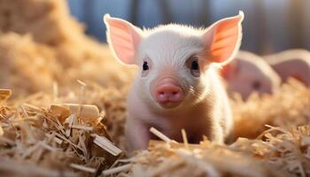 ai generado linda cerdito en un granja, rodeado por naturaleza y heno generado por ai foto