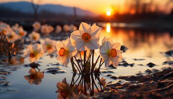 AI generated A vibrant meadow reflects the beauty of a summer sunset generated by AI photo