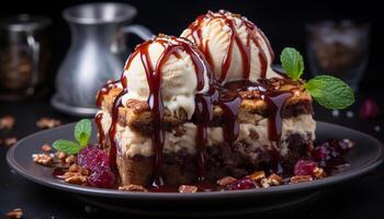 ai generado indulgente hecho en casa chocolate postre con Fresco Fruta y azotado crema generado por ai foto