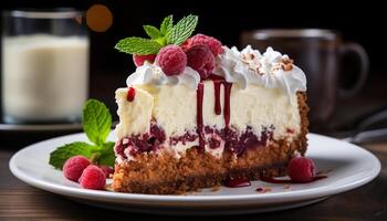 AI generated Homemade gourmet cheesecake slice with fresh raspberry and mint leaf generated by AI photo