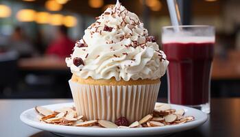 AI generated Freshly baked gourmet cupcakes with chocolate icing and whipped cream generated by AI photo