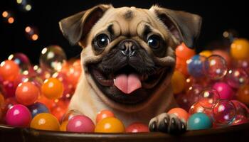 AI generated Cute pug puppy celebrates birthday with playful toy and balloons generated by AI photo