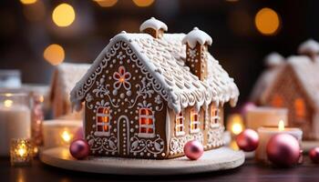 ai generado hecho en casa pan de jengibre casa decoración en un Nevado invierno noche generado por ai foto