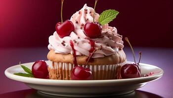 AI generated Homemade gourmet cupcakes, fresh berries, and whipped cream indulgence generated by AI photo